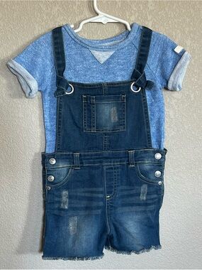 7 For All Mankind Blue Denim Short Overalls with Heather Blue Tee